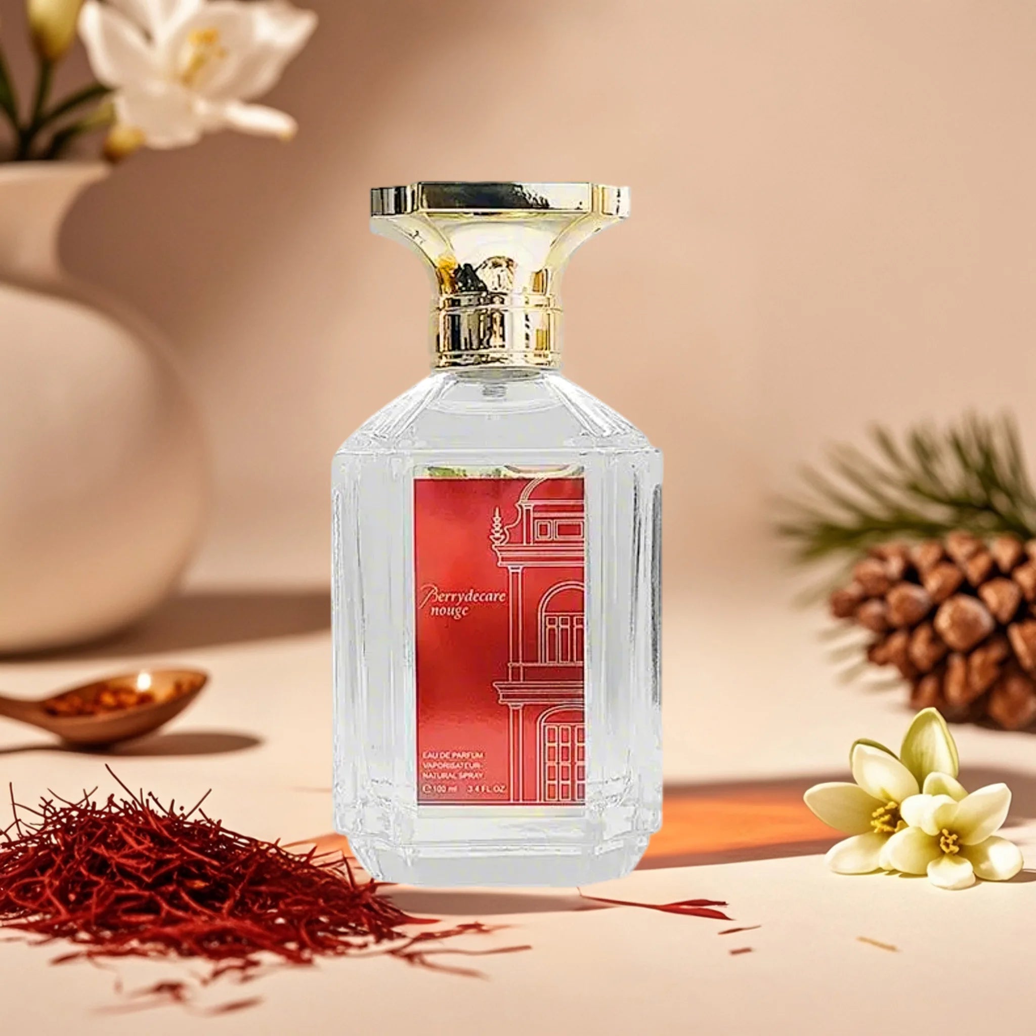 Berrydecare Rouge 100ml perfume in a faceted glass bottle with a gold cap and a red architectural label.