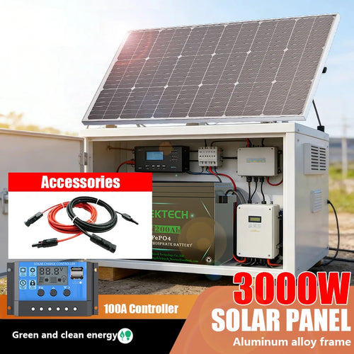 3000W solar panel system with an aluminum frame, battery storage unit, 100A charge controller, and included cables.
