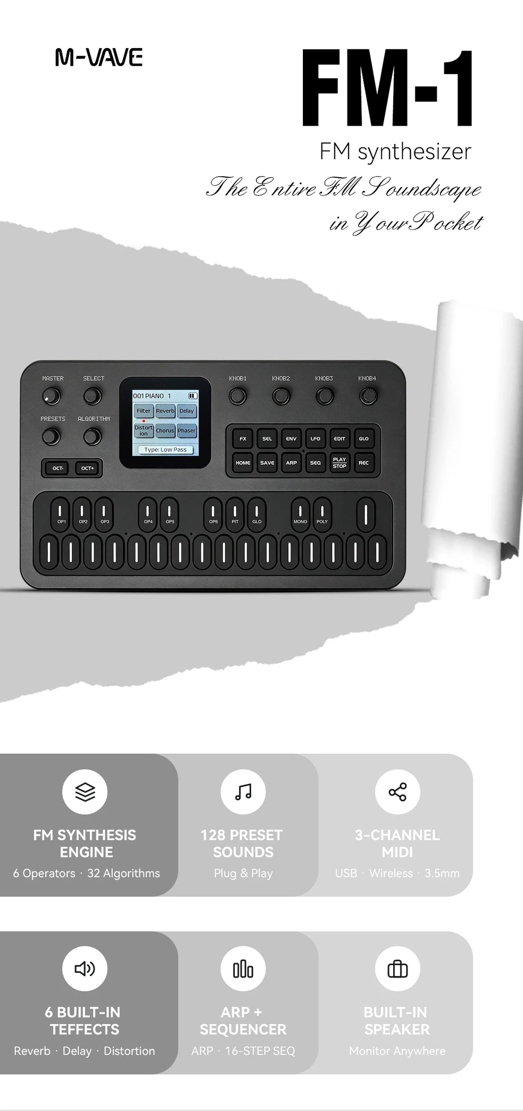 M-Vave Fm-1 Portable Fm Synthesizer Effect Pedal 12h Battery 6-Operator 32-Algorithm 128 Presets Built-In Speaker Bluetooth Midi