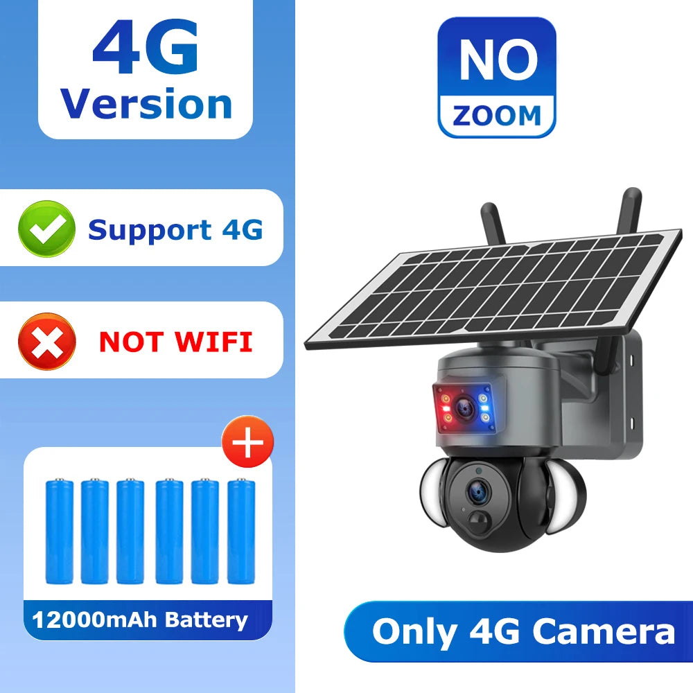Black solar PTZ security camera with dual lenses and angled solar panel mount