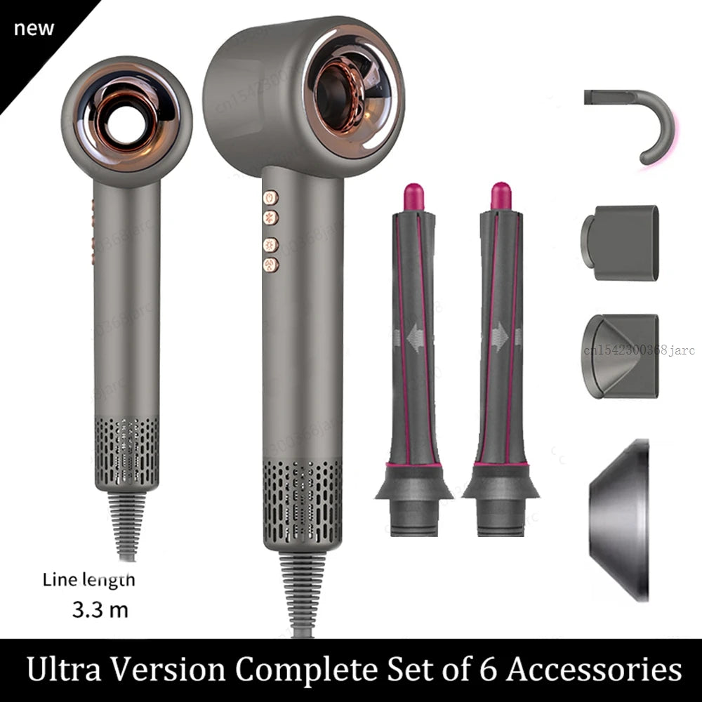 Gray leafless negative ion hair dryer with 6 styling attachments for professional salon-quality hair care at home.