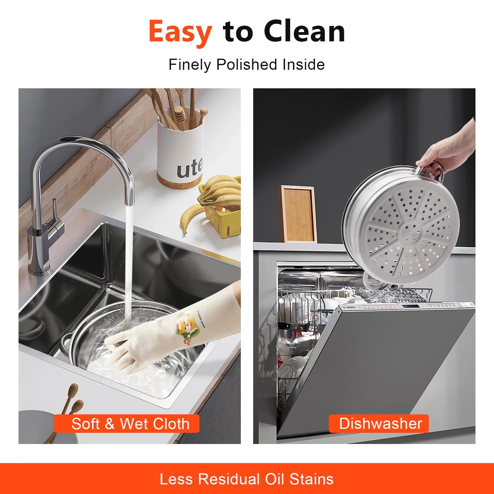 Stainless steel steamer pot with perforated tray, shown rinsed under water and in dishwasher