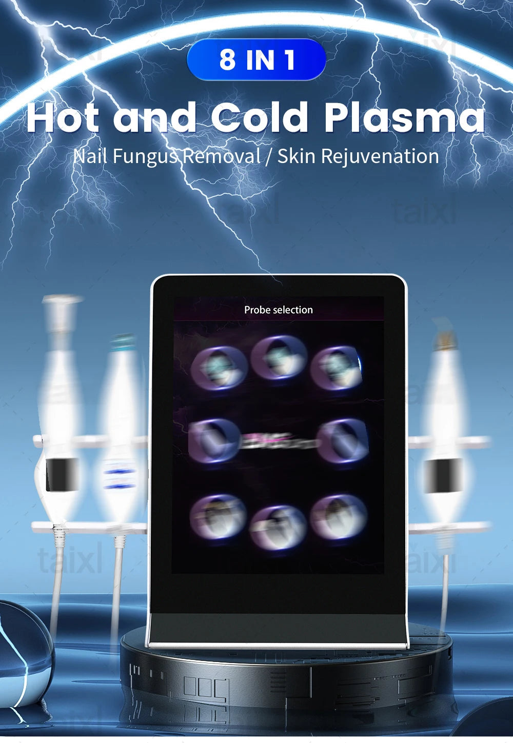 8-in-1 professional hot and cold plasma beauty device with touch screen and handheld probes for skin rejuvenation.