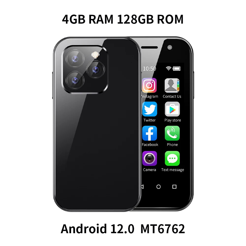 Black mini smartphone, 4GB RAM 128GB ROM, front and back shown