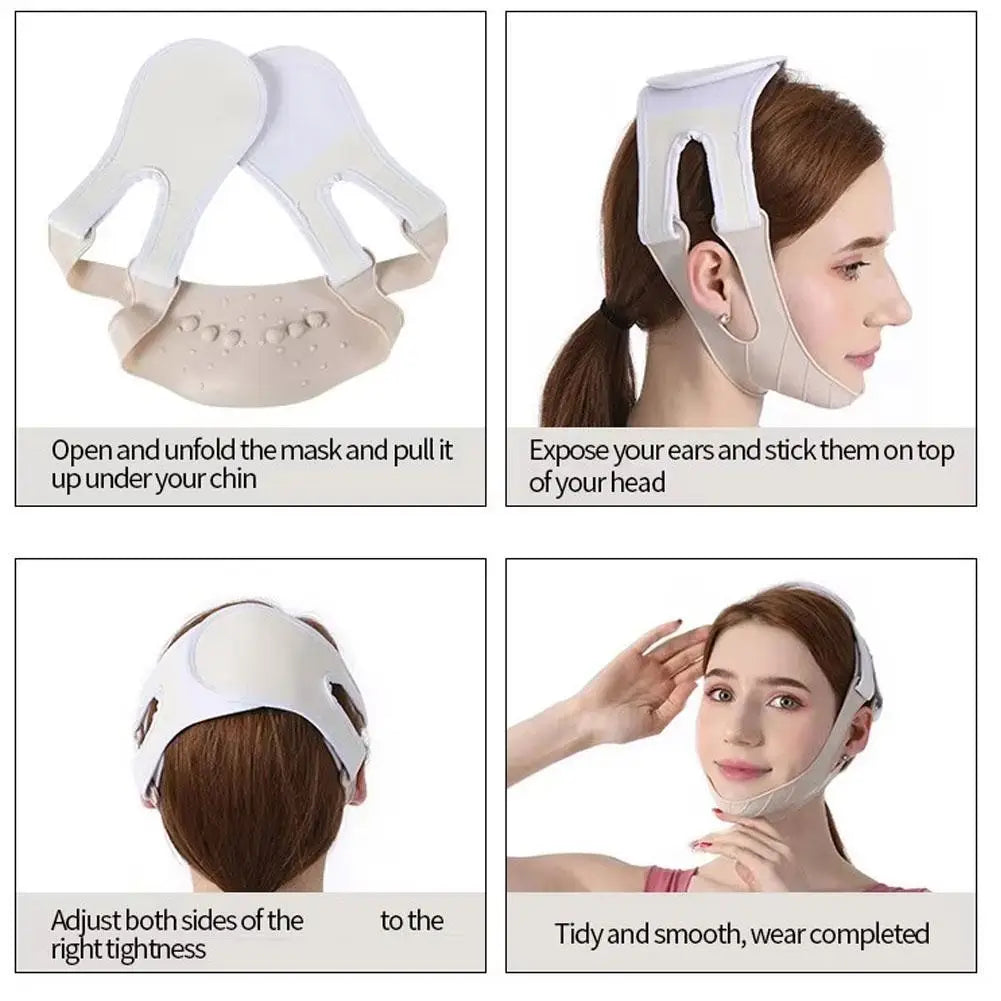 Four-panel instructional graphic showing a beige V-line face slimming bandage worn on a woman's head and chin.