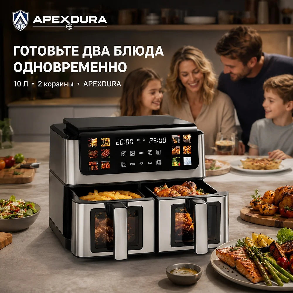 10L Smart Air Fryer Dual Basket Independent Zone Stainless Steel Visible Window 2600W CE OEM Factory