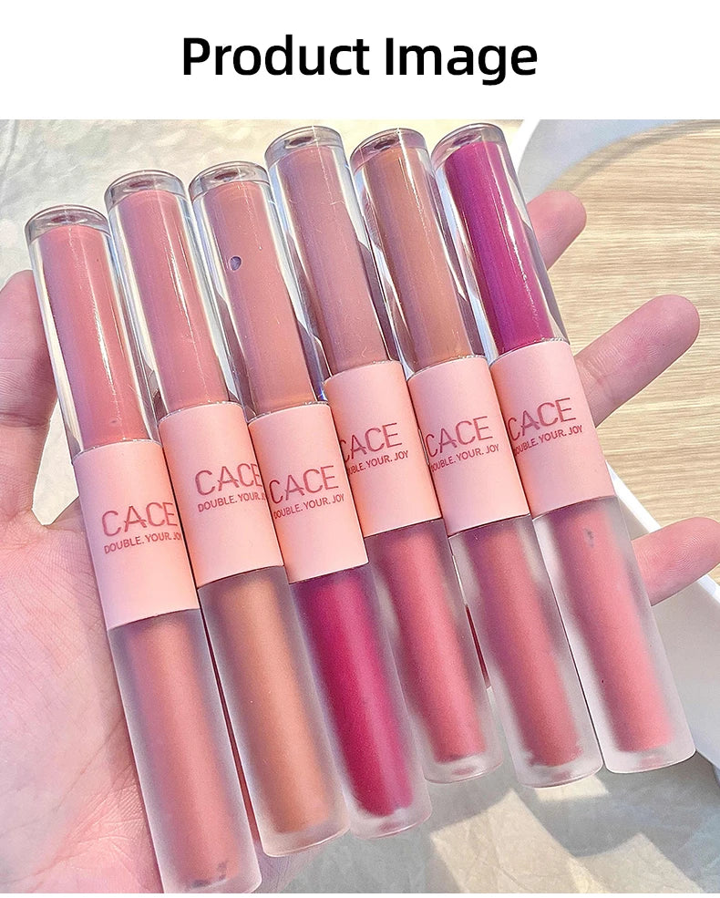CACE double-head lip gloss set in matte and mirror finishes featuring various red and pink liquid lipstick shades.