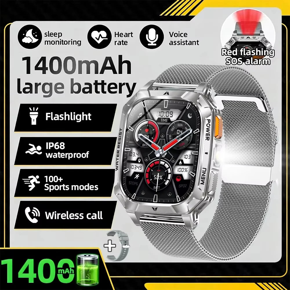 Silver metal mesh smartwatch with round face, red accents, and mesh wrist band