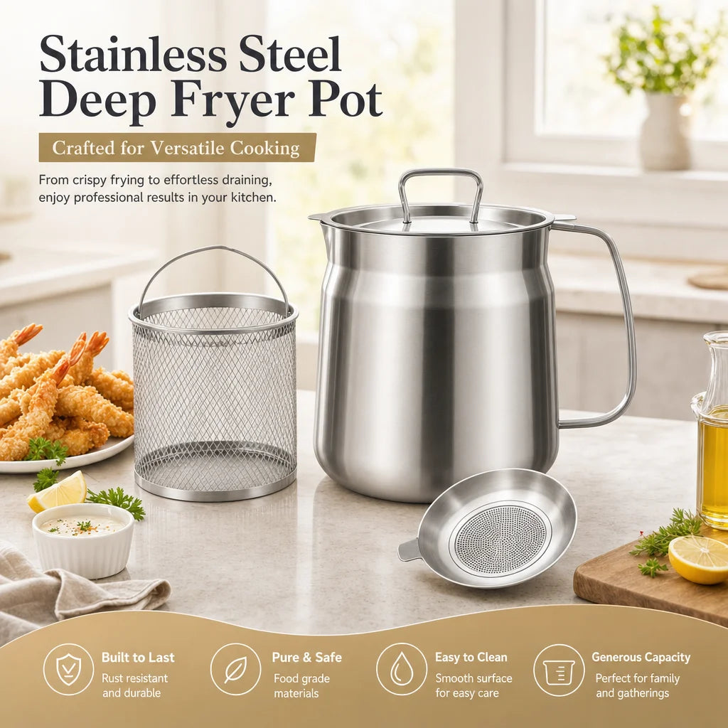 1.5L Stainless Steel Deep Fryer Pot with Basket and Oil Strainer, 304 Stainless Steel Deep Fryer Pot for French Fries and Chicke