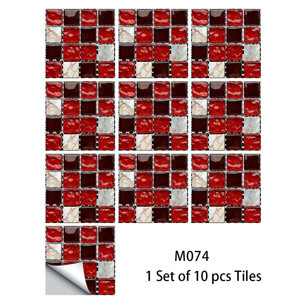 10pcs Flat Mosaic Style Tiles Sticker Kitchen Bathroom Waterproof & Oilproof Art Wall Sticker Peel & Stick Surface Glossy Film