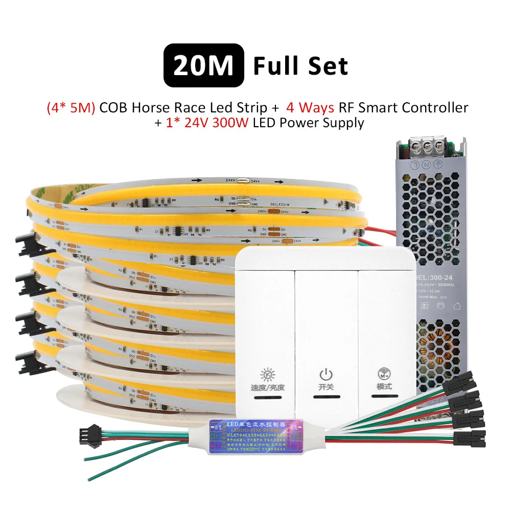 WS2811 COB LED strip light kit, 20M strips with 4-way smart controller and power supply