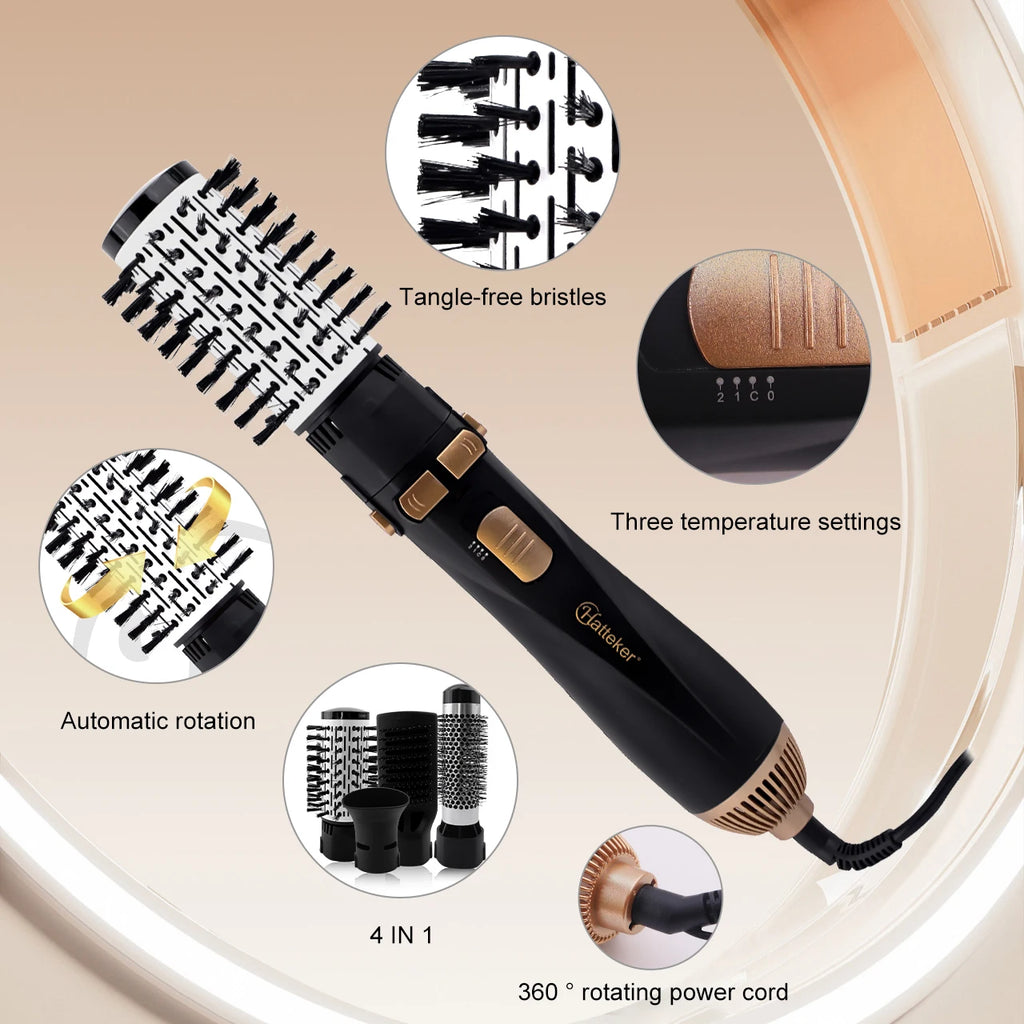 Hatteker 4-in-1 hot air brush with rotating head, 3 heat settings, tangle-free bristles, and 360° cord for hair styling.