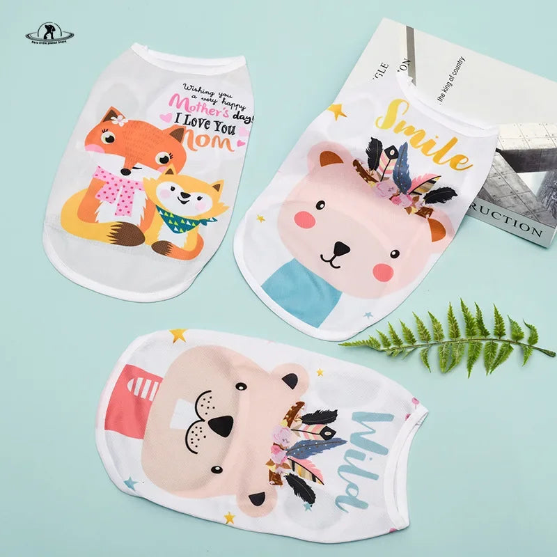 Cute cartoon puppy vest shirts for small dogs, lightweight breathable summer pet clothing with animal prints.