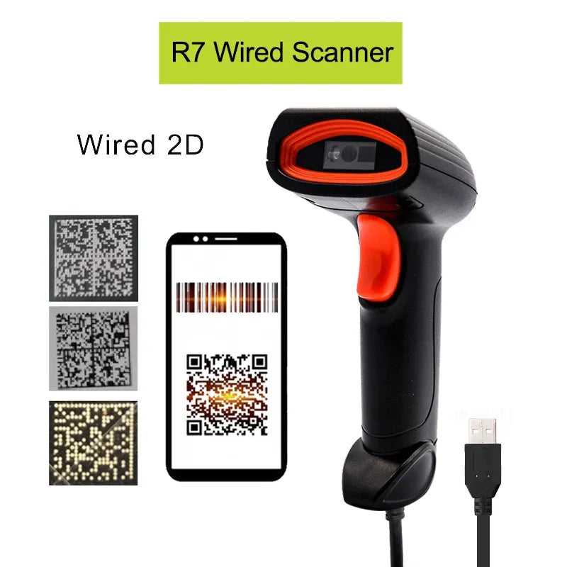 Wired 2D handheld barcode scanner, black with orange trigger and red scan window