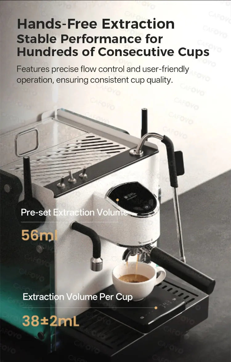 Cafovo white stainless steel professional espresso machine with digital extraction volume display and portafilter.