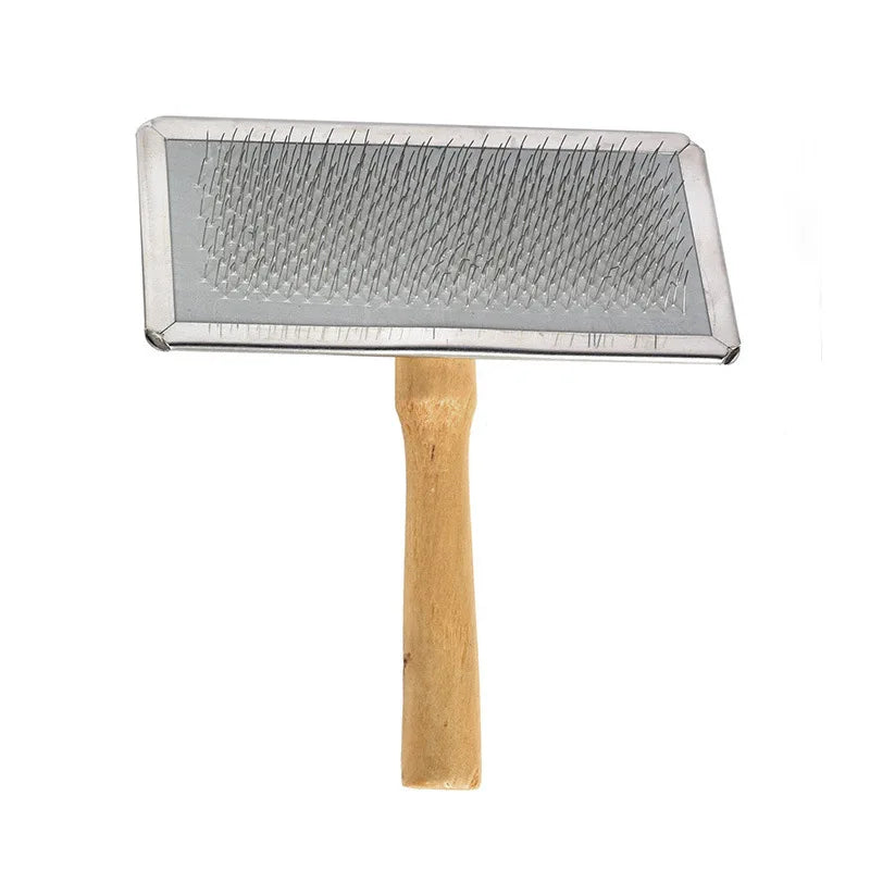 Pet grooming slicker brush with wooden handle for removing dog or cat hair and lint from clothes.