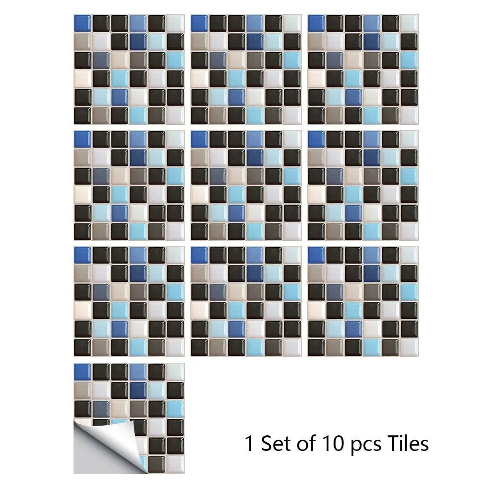 Multi-color marble mosaic tile stickers, 10-piece set with blue, black, beige tiles