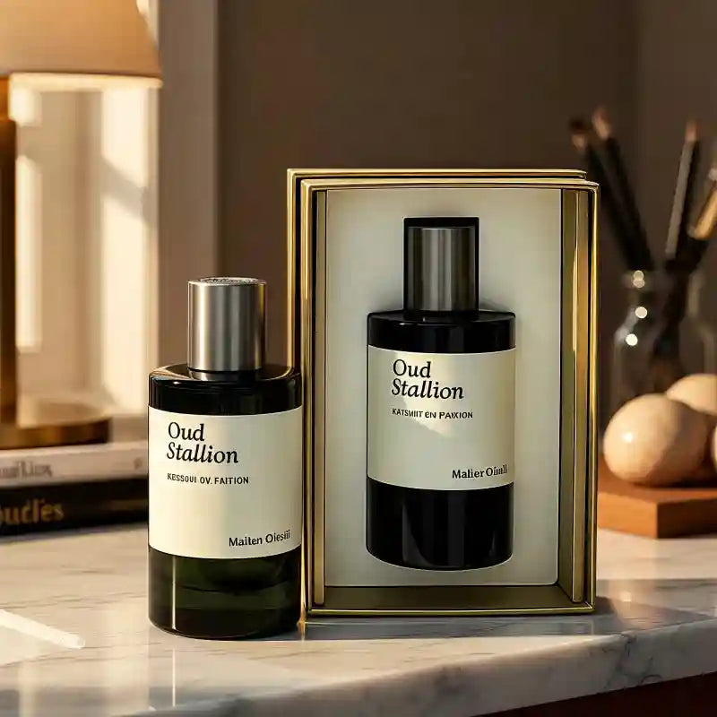 Oud Stallion perfume set: two black cylindrical glass bottles with metallic caps and white labels in a gold box.