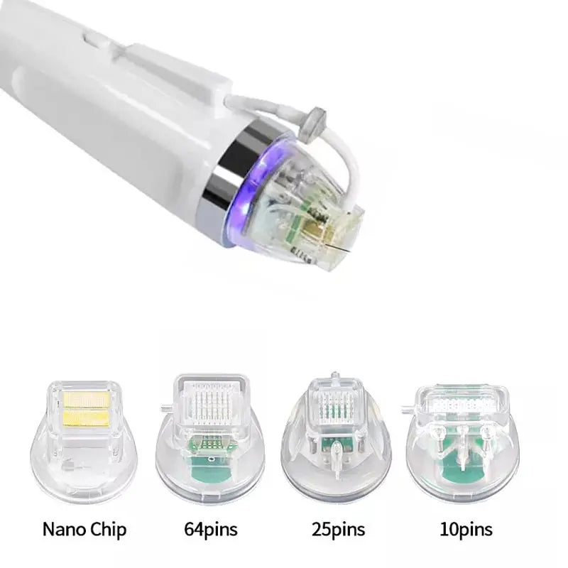 Portable fractional RF skin tightening device with 4 interchangeable tips for wrinkle removal and facial rejuvenation.
