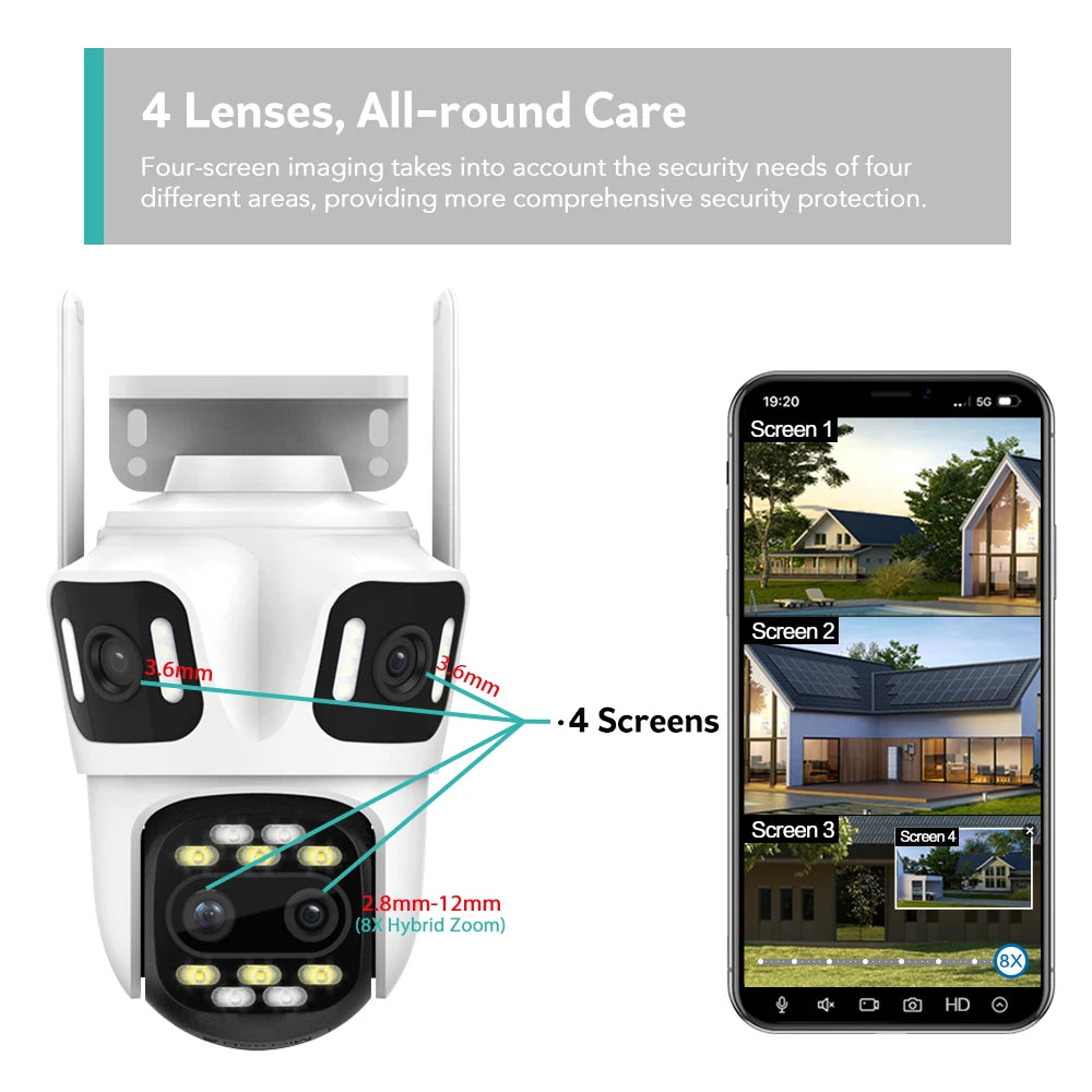 Wifi Camera Outdoor PTZ 4 Lens 4 Screen 8X Hybrid Zoom AI Auto Tracking Linkage Video Bluetooth Security Camera IP iCSee APP