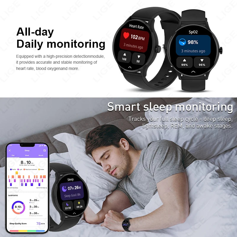 LIGE 1.26" HD Smart Watch 24/7 Health Monitoring Bluetooth Call 123+ Sports Modes IP68 Waterproof Sleep Tracker for Android iOS