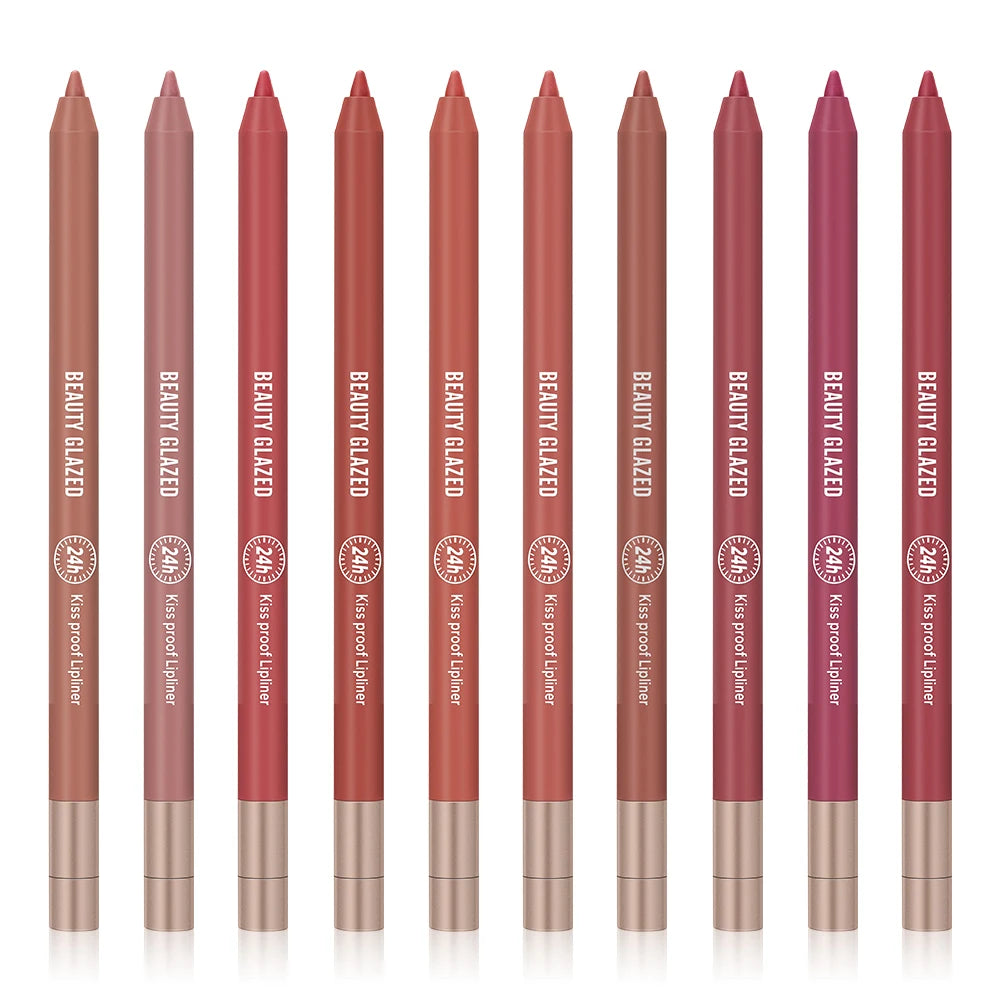 Set of 10 waterproof, matte finish lip liner pencils in assorted shades for long-lasting lip makeup application.