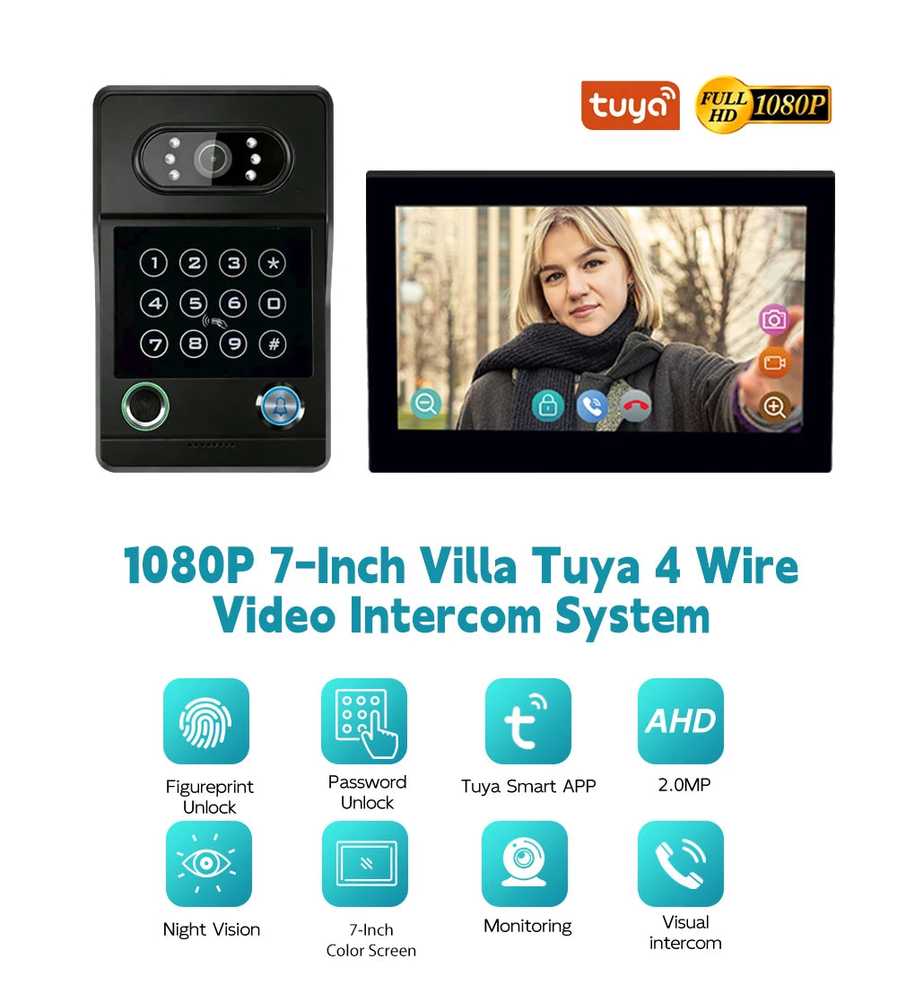 Tuya 7-inch smart video intercom doorbell system, with ID card and Wi-Fi connectivity, suitable for video intercom devices home