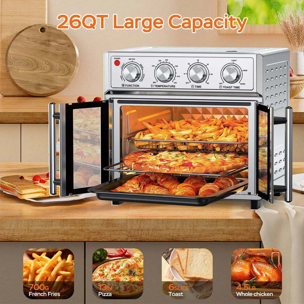 29.5 QT French Door Air Fryer Convection Toaster Oven, Extra Large 6 Slices, 1700W, Multifunction Oven for Air Fryer, Toast, Grill, Defrost, Bake, Time and Temperature Controls, Silver