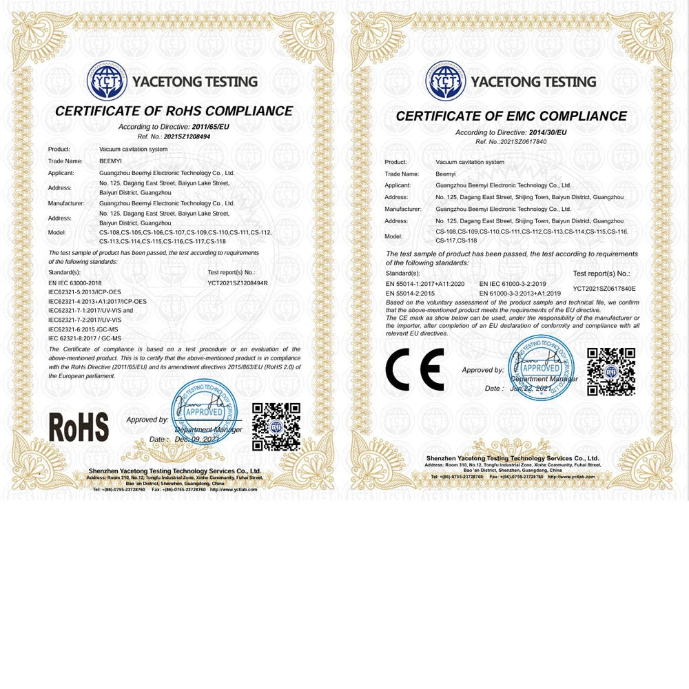 Two official Yacetong Testing compliance certificates for a vacuum cavitation system side-by-side with gold borders.