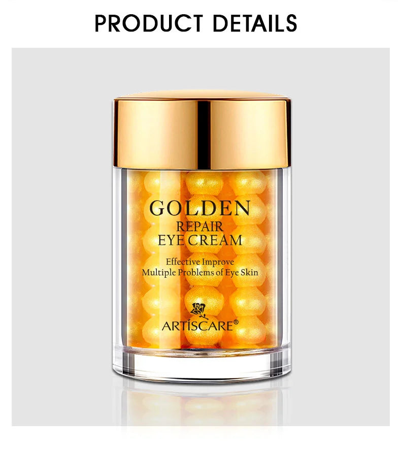 ARTISCARE 24K Gold Repair Eye Cream in a cylindrical glass jar with a gold cap for moisturizing anti-aging facial care.