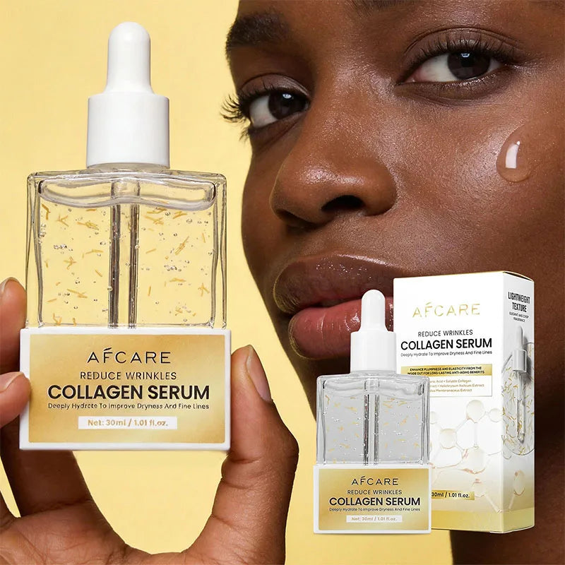 Afcare Collagen Boost Serum in square dropper bottle. Anti-aging face moisturizer for smooth, firm, radiant skin. 30ml.