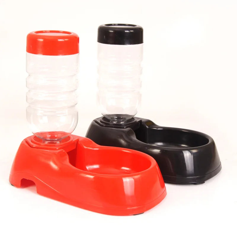 Red and black automatic pet water dispensers with clear plastic bottles for easy, mess-free hydration for cats and dogs.