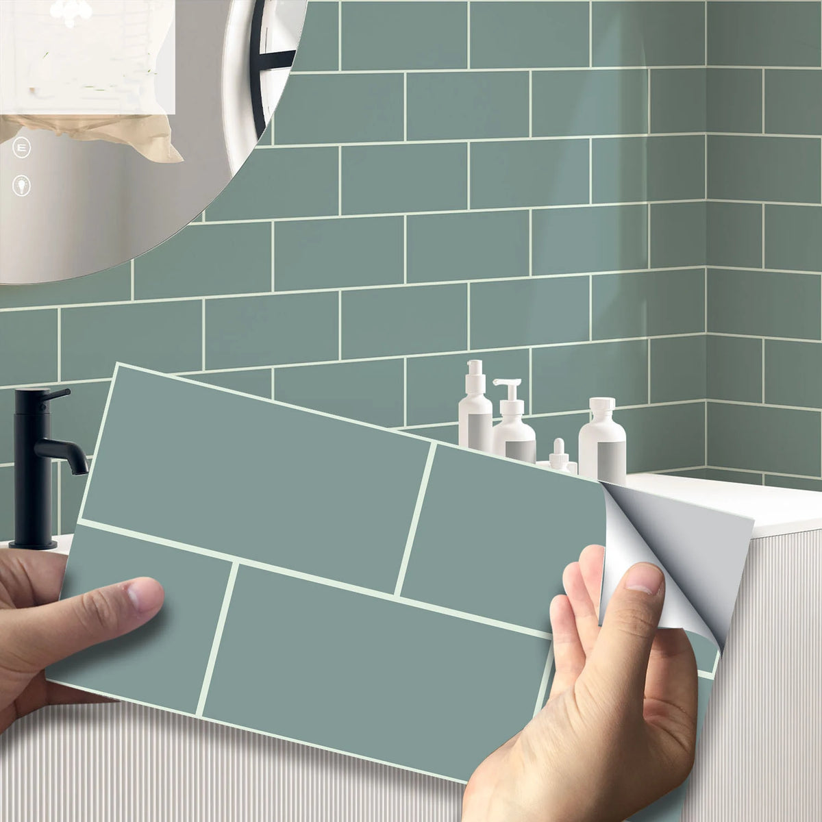Peel-and-stick brick tile wall stickers, muted teal sheet shown on kitchen wall