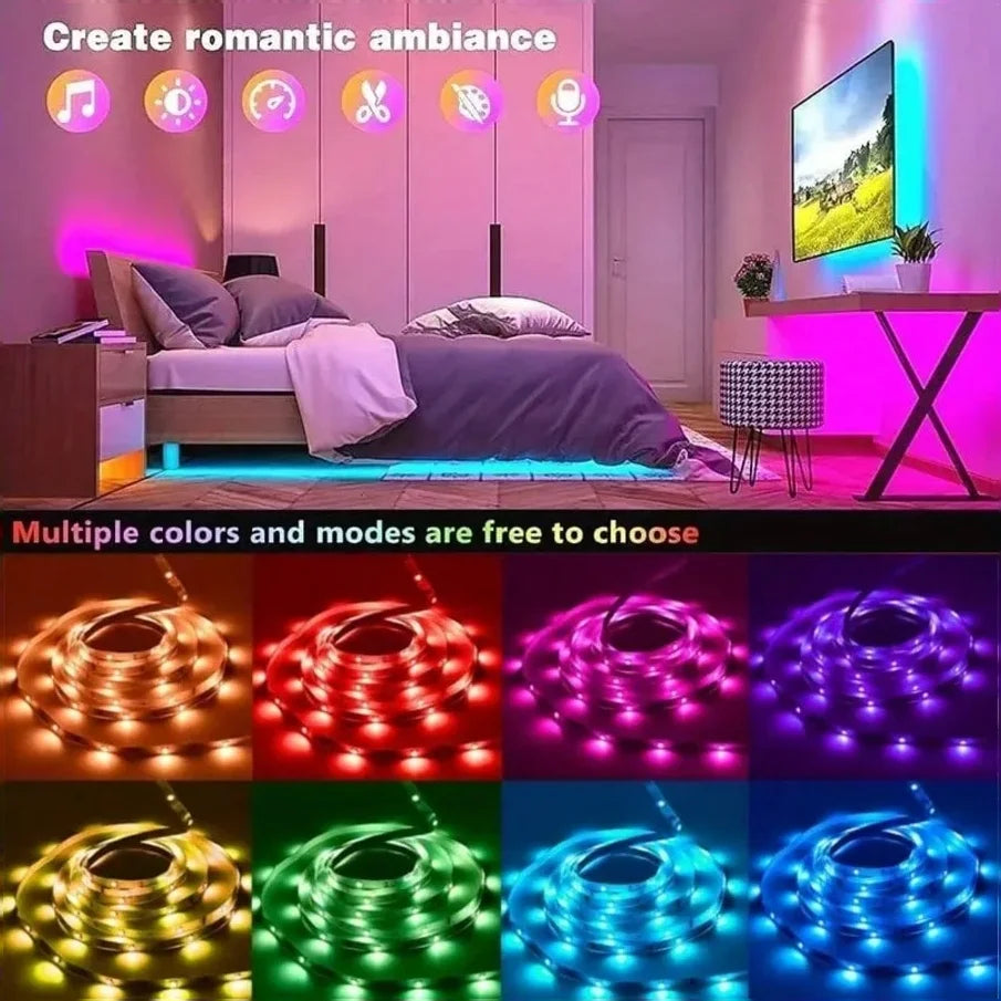 Color-changing RGB LED strip light rolls showing multiple light colors