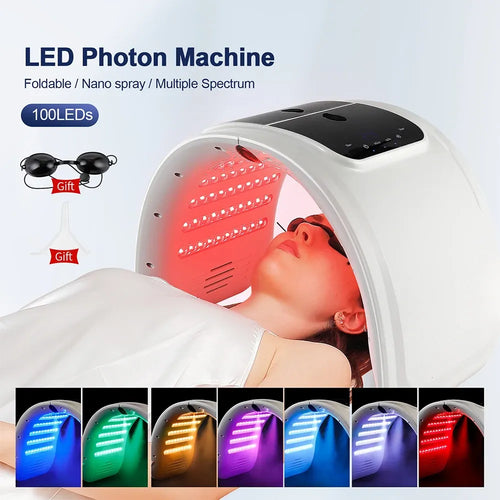 Foldable LED red light therapy device with 100 LEDs for skin wellness and multi-spectrum photon facial treatment.