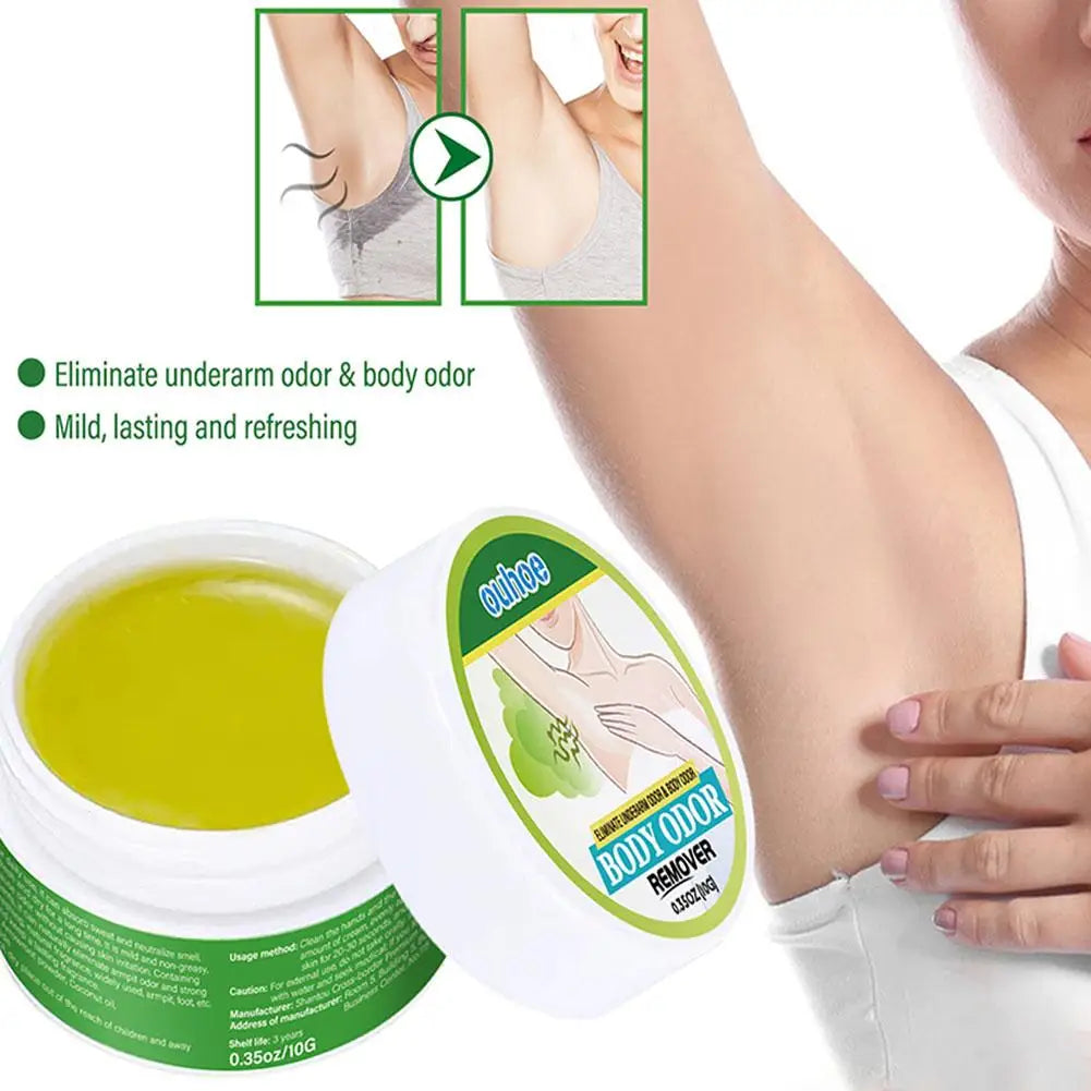 Natural plant extract underarm deodorant cream with a smooth yellow gel texture in a white jar for odor removal.
