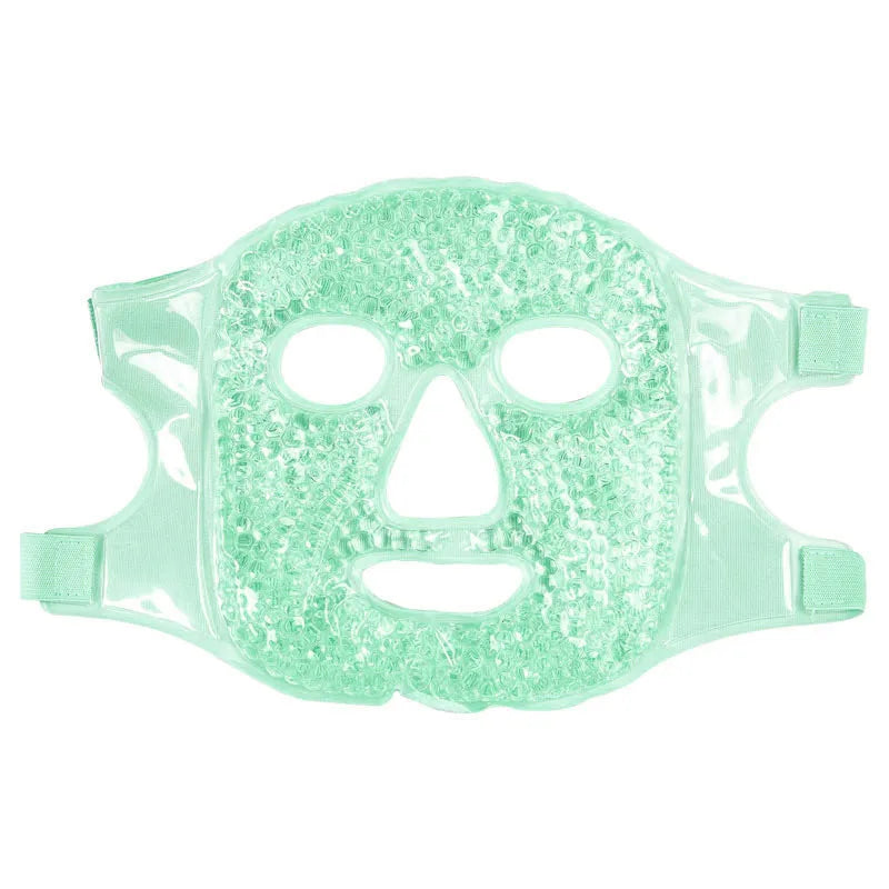 Mint green gel bead face mask for hot or cold therapy, with Velcro side straps for a secure fit.