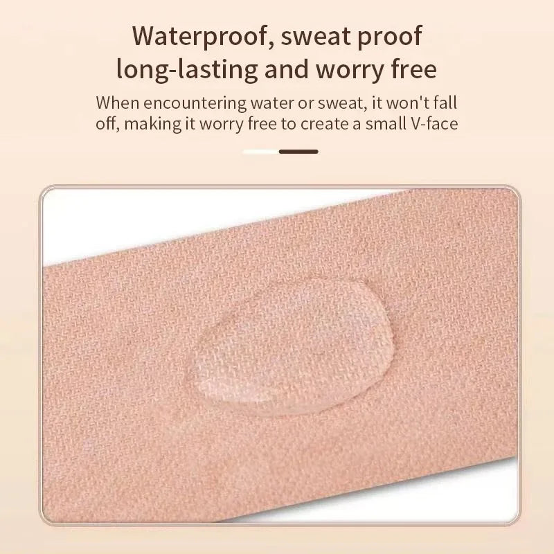 Close-up of beige, textured cotton face lifting tape with a water droplet on the surface, demonstrating waterproofness.