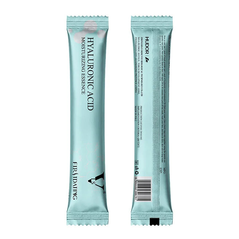 Two slim, teal packets of Hyaluronic Acid moisturizing essence for jelly facial masks, showing front and back views.