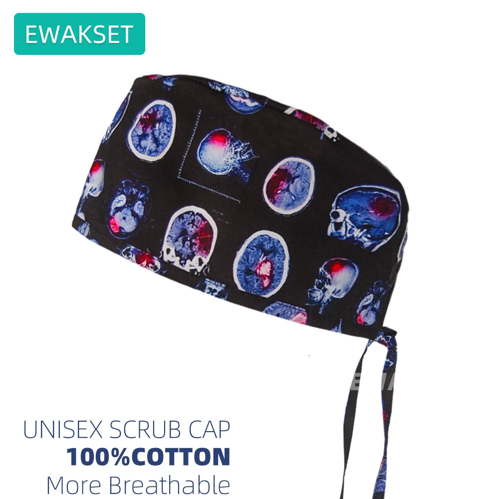 Unisex medical scrub cap with brain scan print, 100% cotton, adjustable tie-back for vet, dental, or surgical comfort.