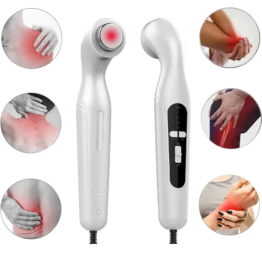 White handheld ultrasound physiotherapy device for muscle pain relief, arthritis, and massage therapy on body areas.