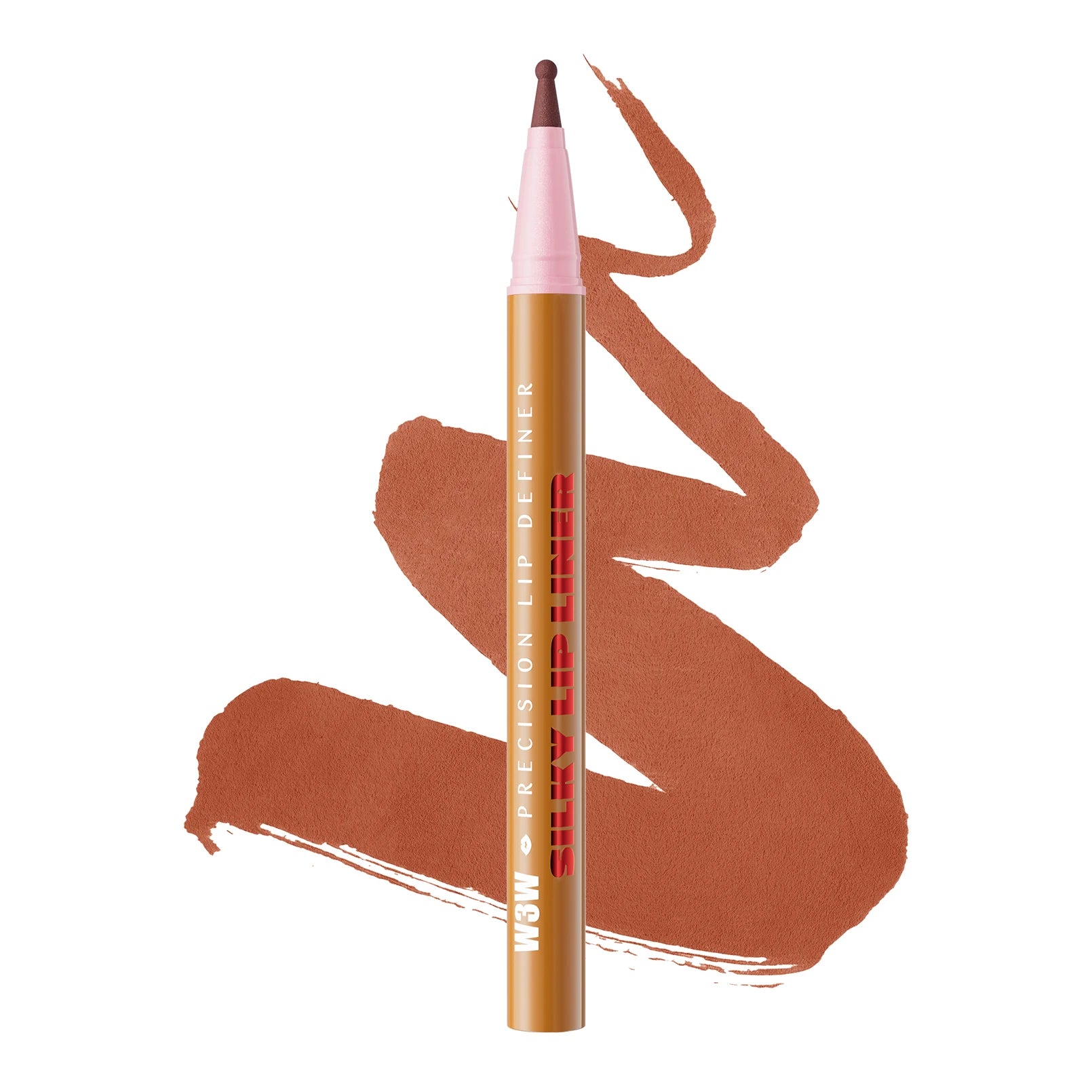 Matte liquid lip liner pencil in terracotta brown with a matching creamy swatch on a white background.