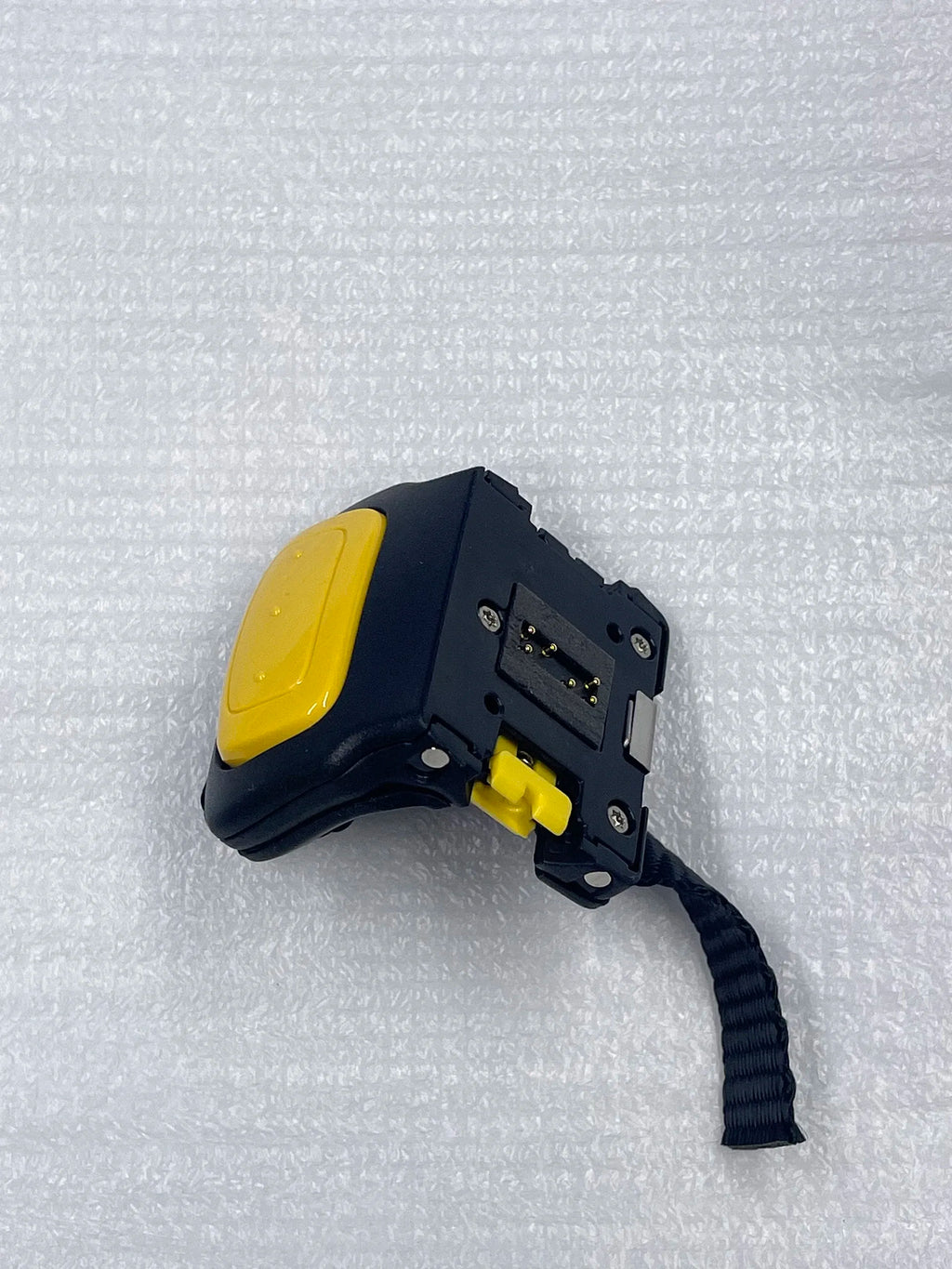Black-and-yellow wearable ring scan trigger assembly with connector panel