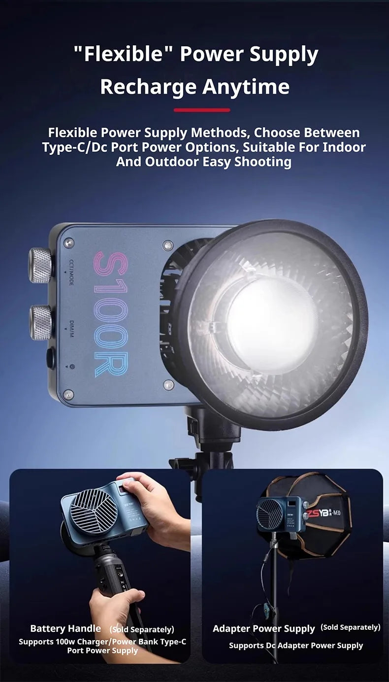 S100R LED video light in blue, featuring a round light head and dual power ports for studio or portable outdoor use.