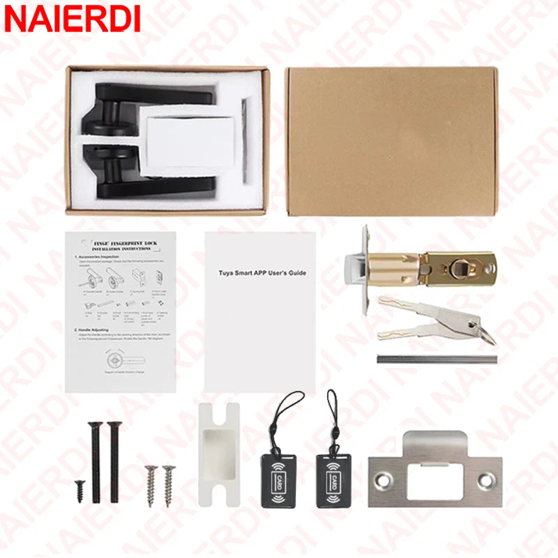 NAIERDI 5-in-1 Smart Fingerprint Door Lock Tuya APP Bluetooth Keypad IC Card Keyless Digital Door Knob for Hotel Office Bedroom