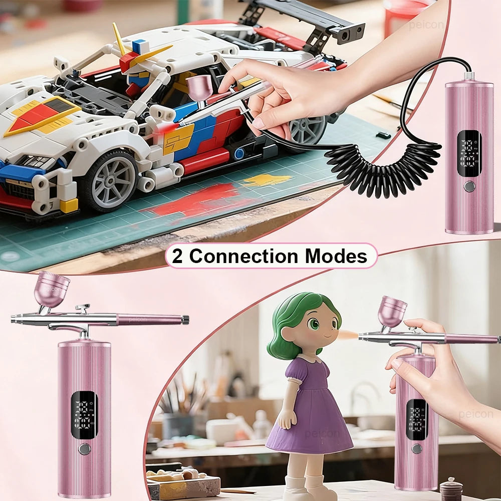 Pink portable airbrush kit with compressor for nail art, cake decorating, and crafts, showing two connection modes.