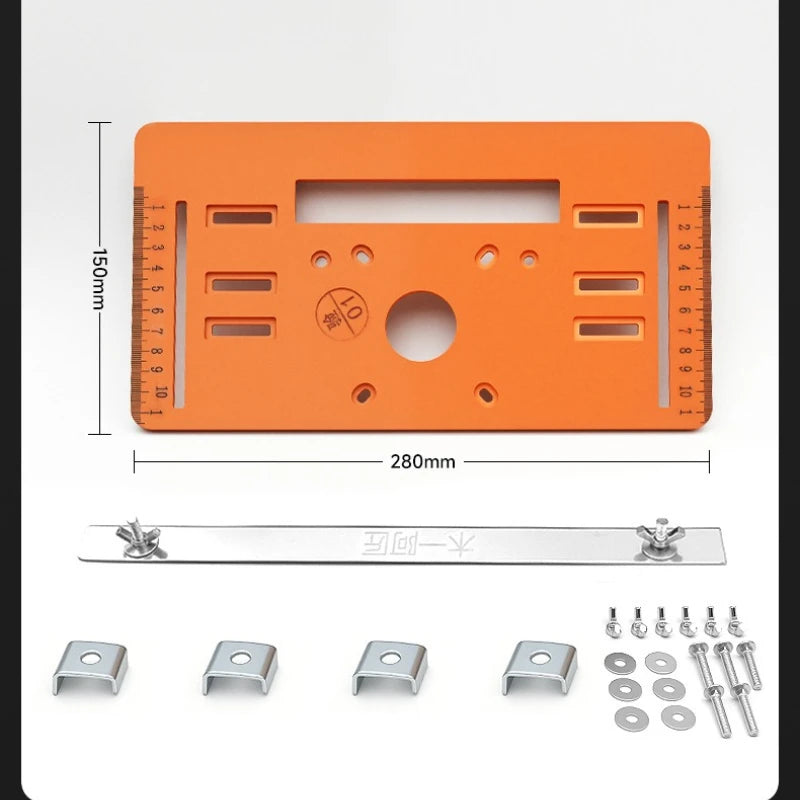 Orange cutting jig base plate with 280mm label, metal guide bar and hardware set