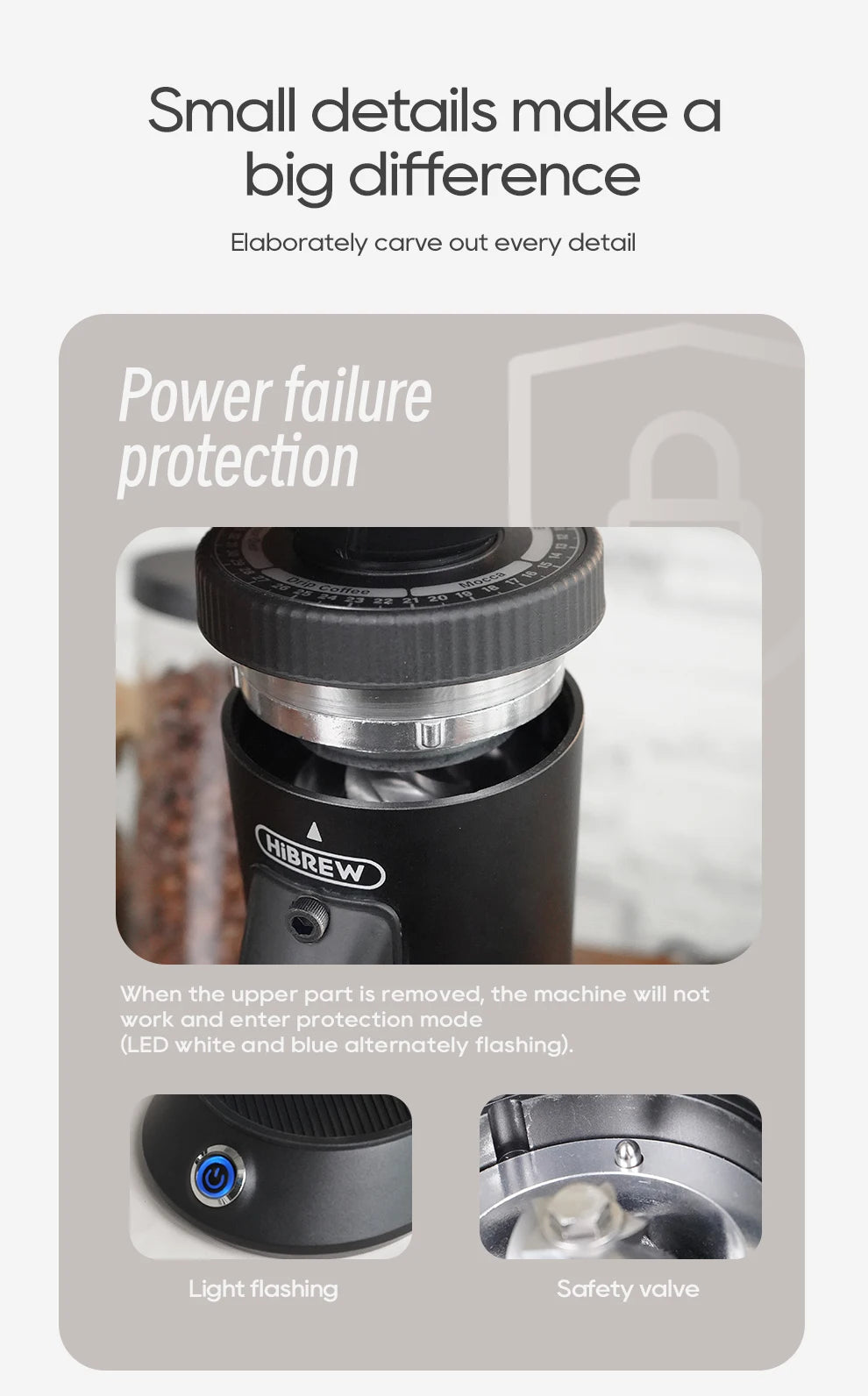 HiBREW coffee grinder showing power failure safety protection, black finish, and adjustable metal burr grinder dial.
