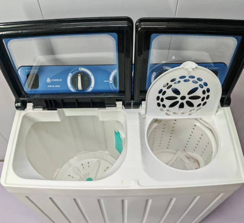Tidesmit 11kg twin tub washing machine, side view showing high performance dual tubs and easy-to-use control panel.