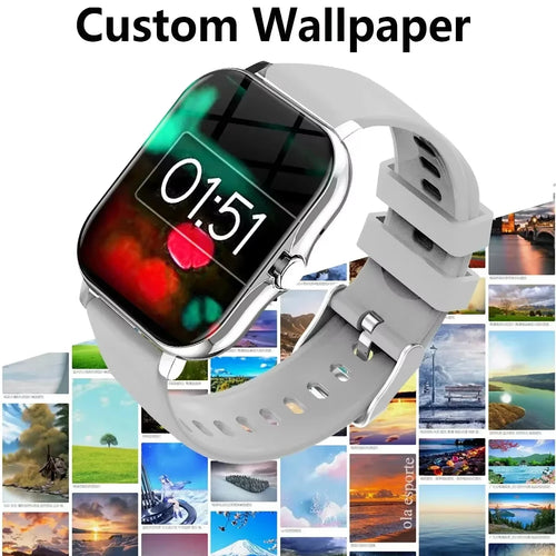 Smart watch with light gray band and curved screen showing time